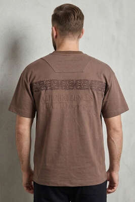 Ön Ve Arka Nakışlı Oversize Erkek T-shirt Vizon - Erkek T-shirt