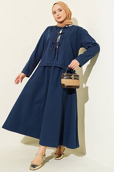 Önden Bağcıklı Kot Etekli İkili Takım Mavi - İkili Takım