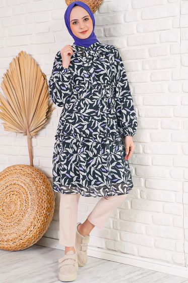 Önden Bağcıklı Şifon Siyah Tunik - Tunik