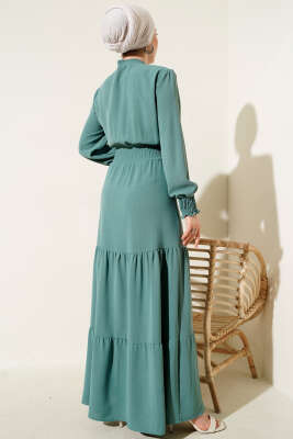 Önden Bağlama Detaylı Lastikli Elbise Çağla Yeşili - Tesettür Elbise