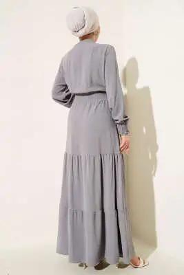 Önden Bağlama Detaylı Lastikli Elbise Gri - Tesettür Elbise