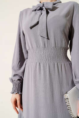 Önden Bağlama Detaylı Lastikli Elbise Gri - Tesettür Elbise