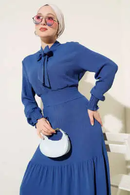 Önden Bağlama Detaylı Lastikli Elbise Indıgo - Tesettür Elbise