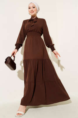 Önden Bağlama Detaylı Lastikli Elbise Kahve - Tesettür Elbise