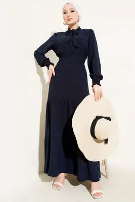 Önden Bağlama Detaylı Lastikli Elbise Lacivert - Tesettür Elbise