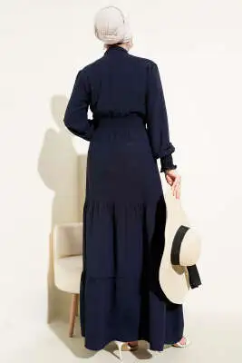 Önden Bağlama Detaylı Lastikli Elbise Lacivert - Tesettür Elbise