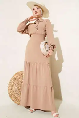 Önden Bağlama Detaylı Lastikli Elbise Latte 