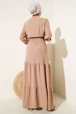 Önden Bağlama Detaylı Lastikli Elbise Latte - Tesettür Elbise