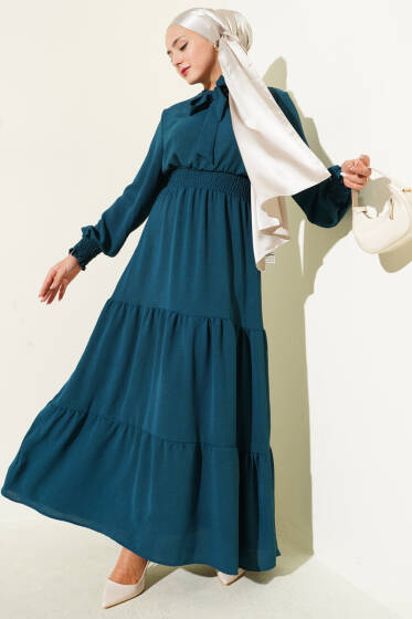 Önden Bağlama Detaylı Lastikli Elbise Petrol Yeşili - Elbise