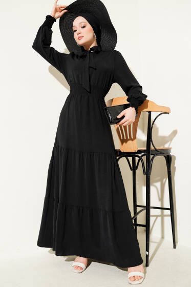 Önden Bağlama Detaylı Lastikli Elbise Siyah - Elbise