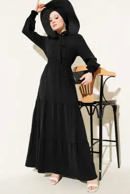 Önden Bağlama Detaylı Lastikli Elbise Siyah 