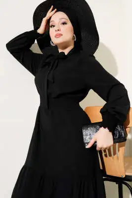 Önden Bağlama Detaylı Lastikli Elbise Siyah - Tesettür Elbise