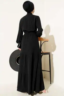 Önden Bağlama Detaylı Lastikli Elbise Siyah - Tesettür Elbise