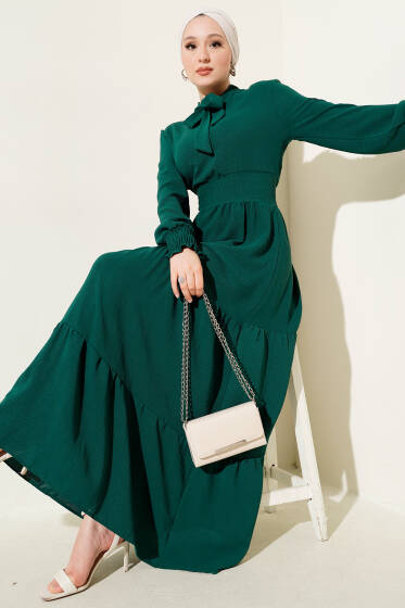 Önden Bağlama Detaylı Lastikli Elbise Zümrüt - Elbise