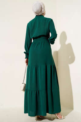 Önden Bağlama Detaylı Lastikli Elbise Zümrüt - Tesettür Elbise