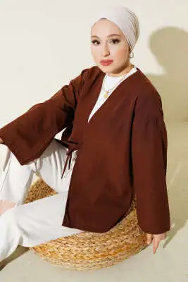 Önden Bağlama Detaylı Terikoton Kimono Kahve - Dış Giyim&Mont