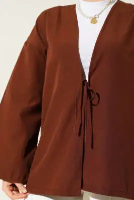 Önden Bağlama Detaylı Terikoton Kimono Kahve - Dış Giyim&Mont
