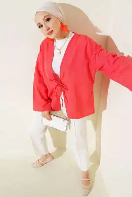 Önden Bağlama Detaylı Terikoton Kimono Nar Çiçeği 