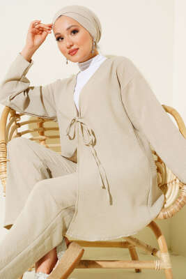 Önden Bağlamalı Keten İkili Takım Bej - NESSİA
