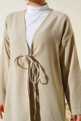 Önden Bağlamalı Keten İkili Takım Bej - İkili Takım