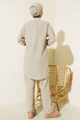 Önden Bağlamalı Keten İkili Takım Bej - İkili Takım