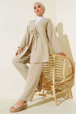 Önden Bağlamalı Keten İkili Takım Bej - İkili Takım
