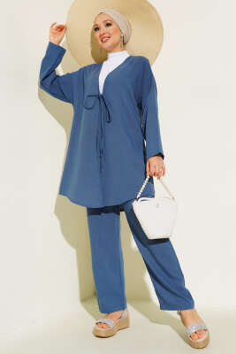 Önden Bağlamalı Keten İkili Takım İndigo 