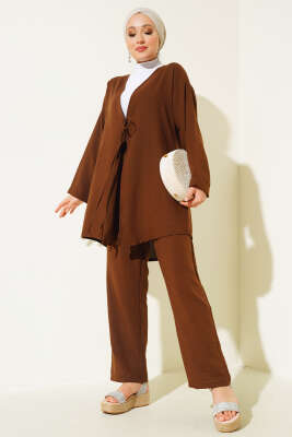 Önden Bağlamalı Keten İkili Takım Kahve 
