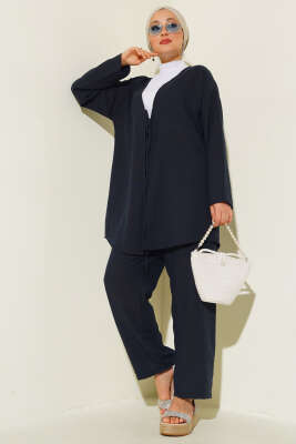 Önden Bağlamalı Keten İkili Takım Lacivert 