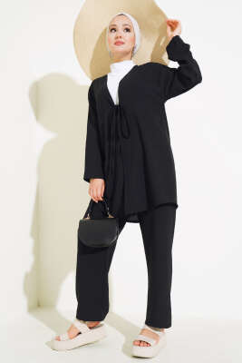 Önden Bağlamalı Keten İkili Takım Siyah 