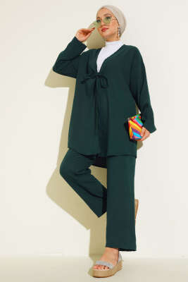 Önden Bağlamalı Keten İkili Takım Zümrüt 