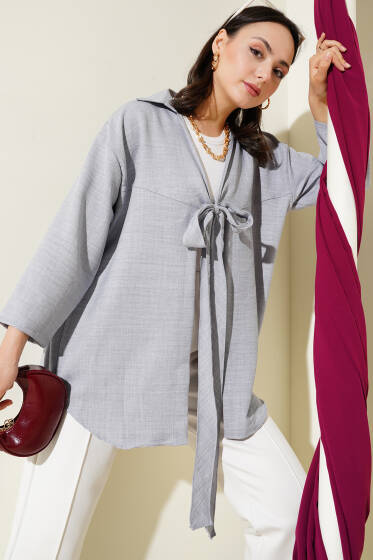 Önden Bağlamalı Kimono Gri - Dış Giyim&Mont