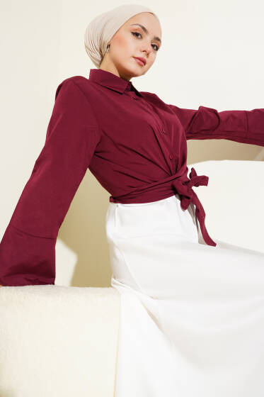 Önden Bağlamalı Kısa Gömlek Bordo - Gömlek