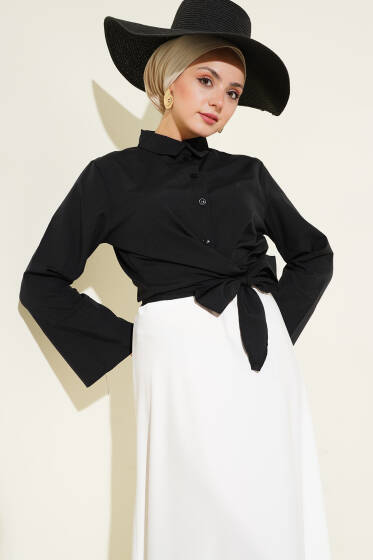 Önden Bağlamalı Kısa Gömlek Siyah - Gömlek