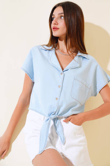 Önden Bağlamalı Kot Gömlek Buz Mavisi - Kadın Giyim Modelleri
