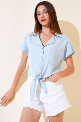 Önden Bağlamalı Kot Gömlek Buz Mavisi - Kadın Giyim Modelleri