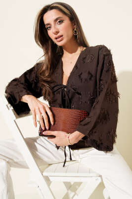 Önden Bağlamalı Püsküllü Kimono Kahve - Kadın Giyim Modelleri