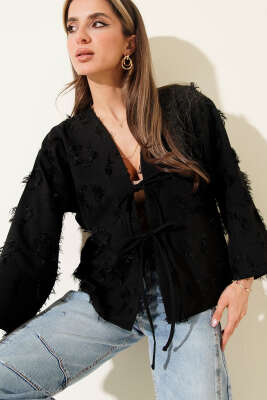 Önden Bağlamalı Püsküllü Kimono Siyah - LUSTRİN