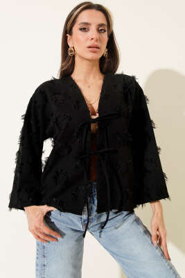 Önden Bağlamalı Püsküllü Kimono Siyah - Kadın Giyim Modelleri