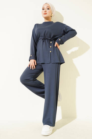 Önden Düğme Detaylı İp Bağcıklı İkili Takım Füme - İkili Takım