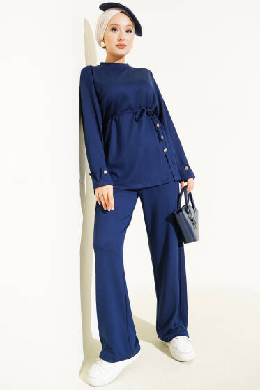 Önden Düğme Detaylı İp Bağcıklı İkili Takım Lacivert - İkili Takım