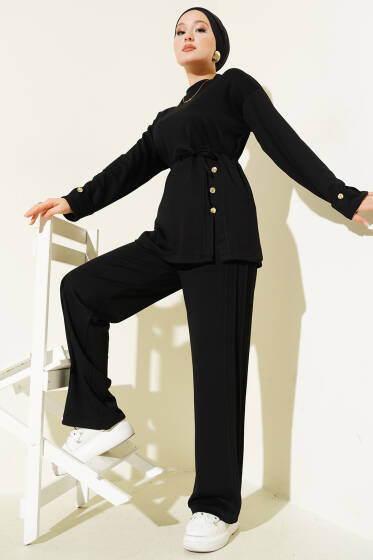 Önden Düğme Detaylı İp Bağcıklı İkili Takım Siyah - İkili Takım