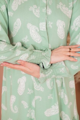 Önden Düğmeli Çiçekli Mint Elbise - Thumbnail