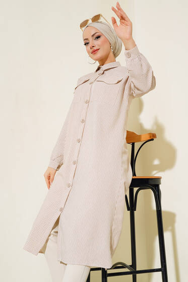 Önden Düğmeli Çizgili Gofre Tunik Bej - Tunik