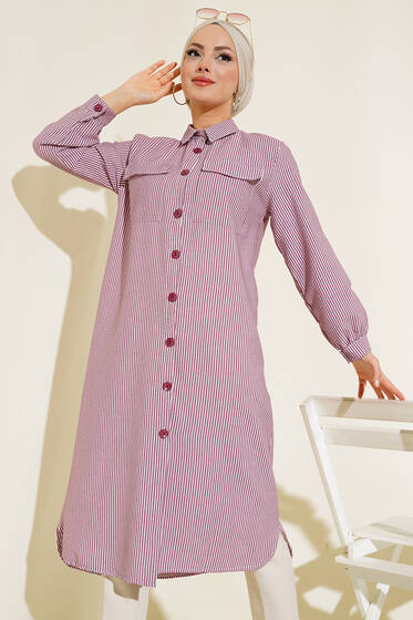 Önden Düğmeli Çizgili Gofre Tunik Magenta - Tunik