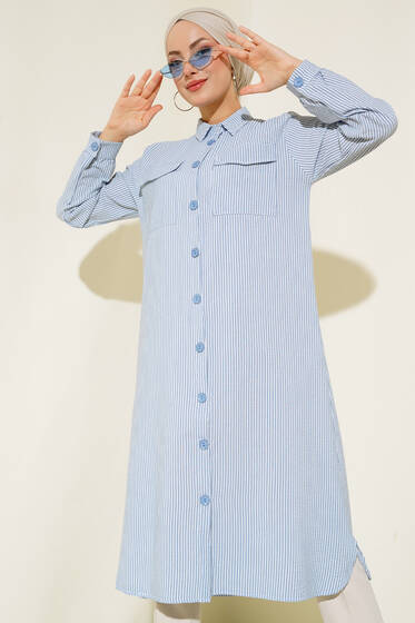 Önden Düğmeli Çizgili Gofre Tunik Mavi - Tunik