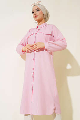 Önden Düğmeli Çizgili Gofre Tunik Pembe - Yılın Fırsatı