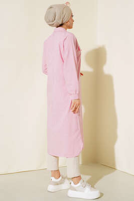 Önden Düğmeli Çizgili Gofre Tunik Pembe - Yılın Fırsatı