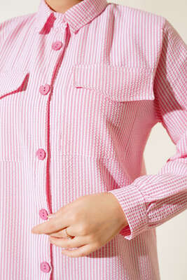 Önden Düğmeli Çizgili Gofre Tunik Pembe - Yılın Fırsatı