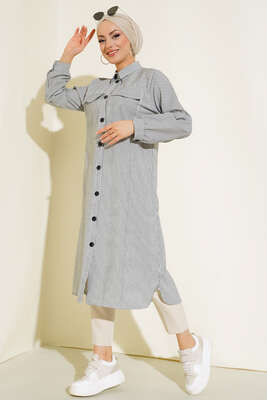 Önden Düğmeli Çizgili Gofre Tunik Siyah - Yılın Fırsatı